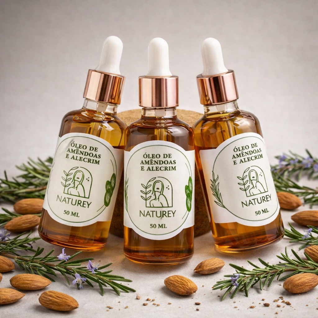 Óleo de Amêndoas Doces e Alecrim hidratante, nutritivo, antiinflamatorio e com ação antioxidante. Para a pele e o cabelo
