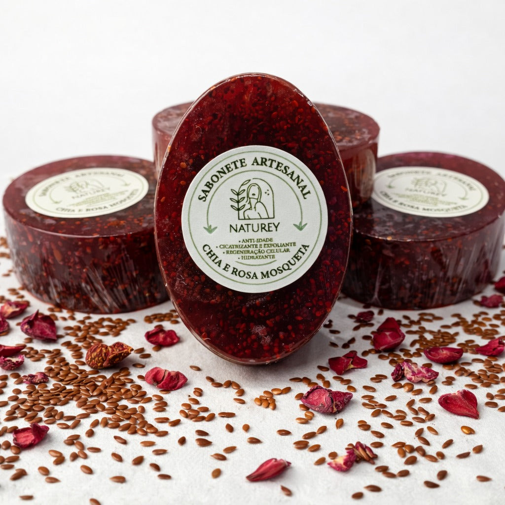 Sabonete Artesanal Naturey de Chía e Rosa mosqueta. Esfoliante e Regenerador
