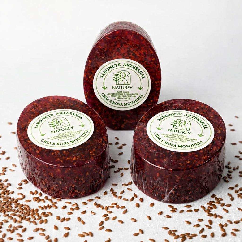 Sabonete Artesanal Naturey de Chía e Rosa mosqueta. Esfoliante e Regenerador