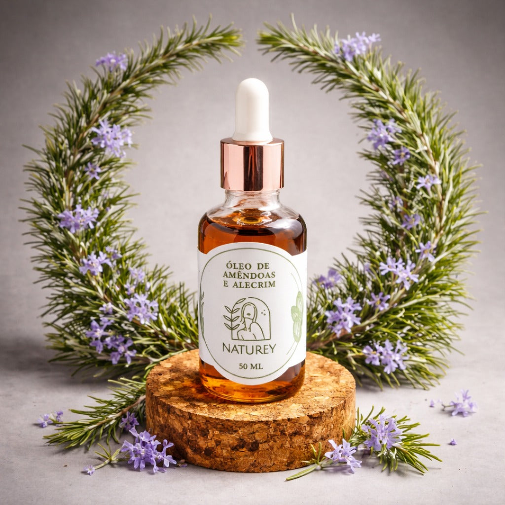 Óleo de Amêndoas Doces e Alecrim hidratante, nutritivo, antiinflamatorio e com ação antioxidante. Para a pele e o cabelo