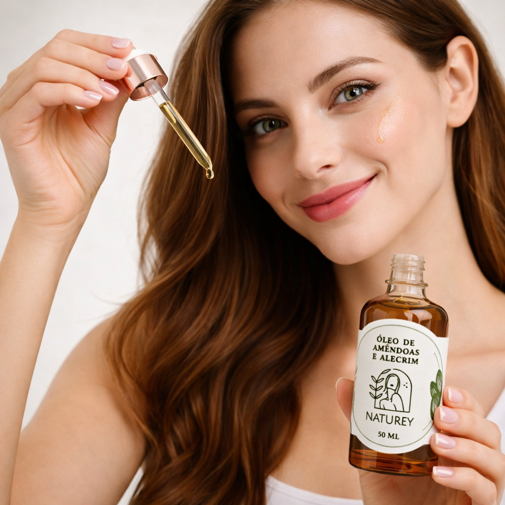 Óleo de Amêndoas Doces e Alecrim hidratante, nutritivo, antiinflamatorio e com ação antioxidante. Para a pele e o cabelo